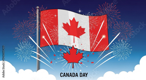 Canadian flag waving with fireworks on canada day celebration