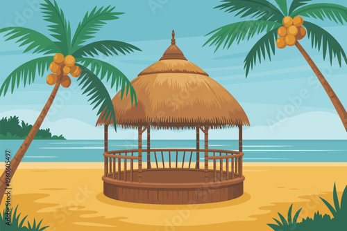 Tiki hut illustration, tropical beach scene, thatched roof hut, palm trees with coconuts, golden sand turquoise ocean, retro flat vector design
