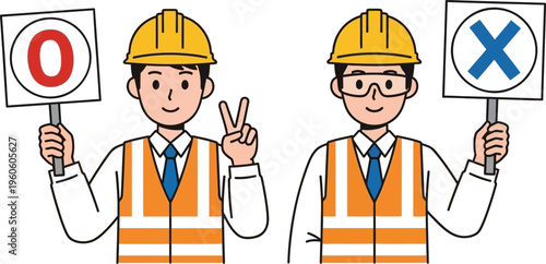 Construction workers showing signs for ok and not ok.