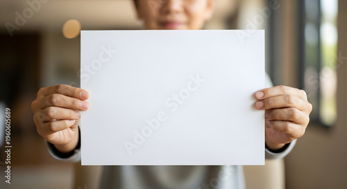 Person holding blank white paper sign for mockup and copy space
