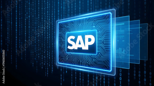 SAP logo on an illuminated circuit board graphic with flowing binary code background showcasing digi