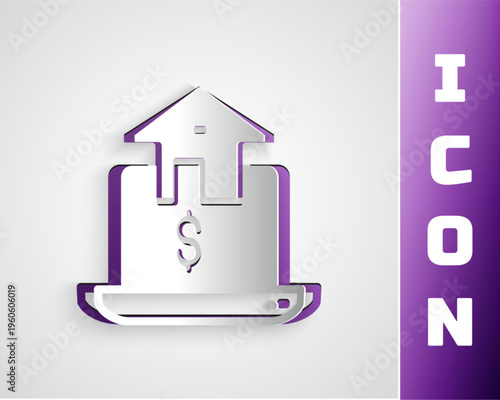 Paper cut Online real estate house in browser icon isolated on grey background. Home loan concept, rent, buy, buying a property. Paper art style. Vector