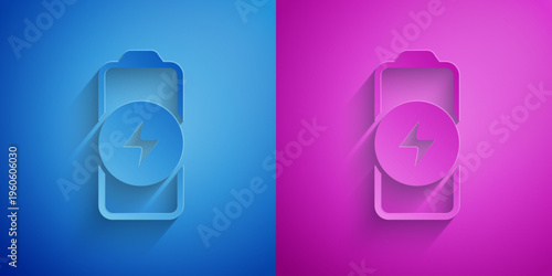 Paper cut Battery charge level indicator icon isolated on blue and purple background. Paper art style. Vector