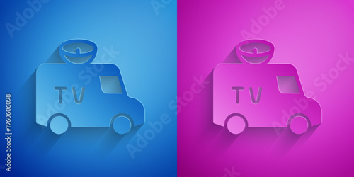 Paper cut TV News car with equipment on the roof icon isolated on blue and purple background. Paper art style. Vector