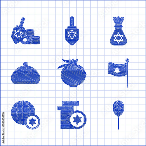 Set Pomegranate, Jewish coin, Balloons with ribbon with star of david, Flag Israel, World Globe and, sweet bakery, money bag and Hanukkah dreidel icon. Vector