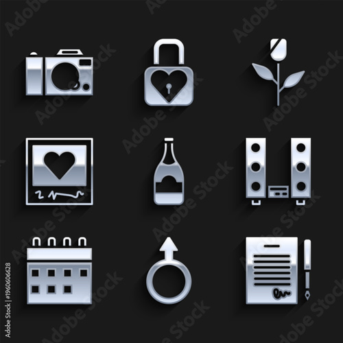 Set Champagne bottle, Male gender symbol, Marriage contract, Home stereo with two speakers, Calendar, Photo frames and hearts, Flower rose and camera icon. Vector
