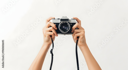 Hands Holding Vintage Film Camera against White Background