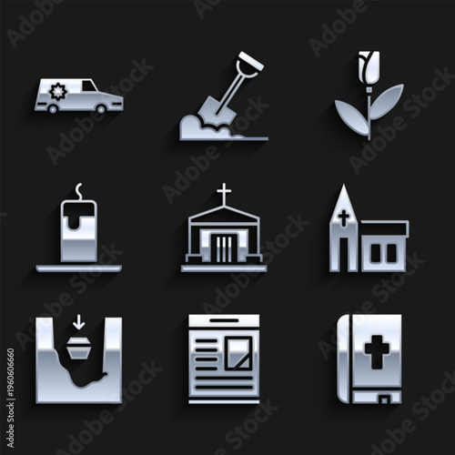 Set Old crypt, Obituaries, Holy bible book, Church building, Coffin grave, Burning candle, Flower rose and Hearse car icon. Vector