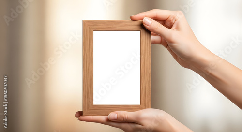Female hands holding a blank wooden picture frame mockup