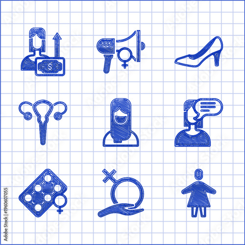 Set Muslim woman in hijab, Female gender, opinion, Packaging of birth control pills, reproductive system, Woman shoe and Money growth icon. Vector