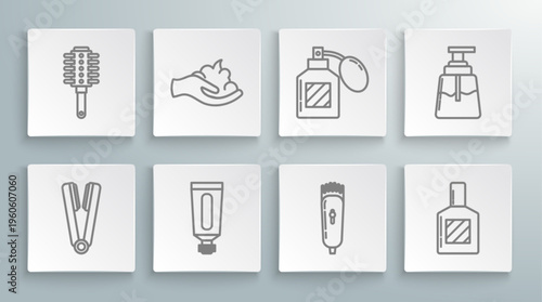Set line Curling iron for hair, Shaving gel foam hand, Cream lotion cosmetic tube, Electrical clipper shaver, Aftershave, and Hairbrush icon. Vector