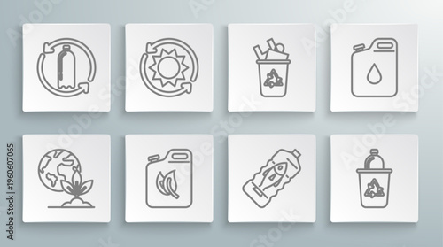 Set line Earth globe and plant, Solar energy panel, Bio fuel canister, Stop ocean plastic pollution, Recycle bin with recycle symbol, Canister for gasoline and Recycling bottle icon. Vector