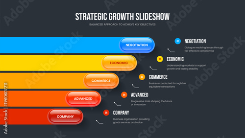 Corporate Analysis Five Element Diagram Slide Design. Professional Overview 5 Step Infographic Frame Template. Marketing Plan Presentation Layout Vector Illustration.