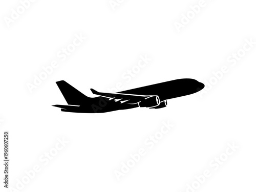 Black silhouette of a commercial airplane in flight vector. Silhouette of airplane icon, airplane isolated on white.