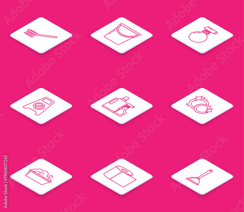 Set line Toilet brush, Bucket, Wet floor and cleaning in progress, Plastic bottles for liquid dishwashing liquid, Washing dishes, basin with soap suds and paper roll icon. Vector