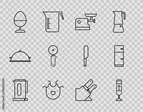 Set line Kettle with handle, Blender, Kitchen meat grinder, apron, Chicken egg stand, Pizza knife, Knife and Refrigerator icon. Vector
