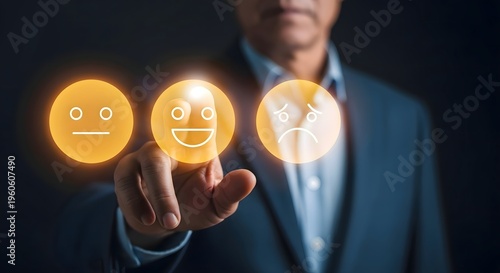 Businessman's hand points towards three glowing emoji icons representing different levels of satisfaction, illustrating customer feedback.