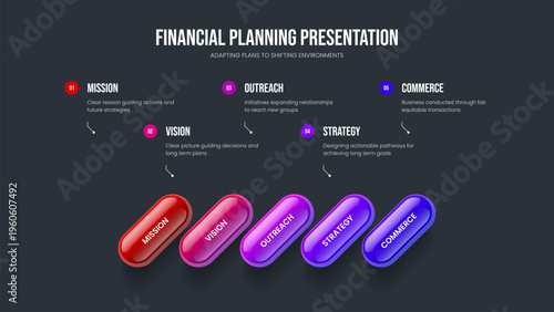 Consulting Growth Frame Layout Vector Illustration. Digital Showcase Five Step Diagram Slideshow Template. Product Strategy 5 Option Infographic Slide Design.
