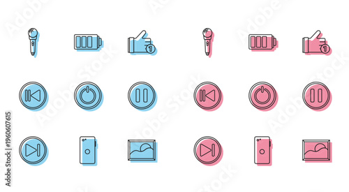Set line Fast forward, Smartphone, mobile phone, Microphone, Picture landscape, Power button, Pause, Rewind and Battery charge level indicator icon. Vector