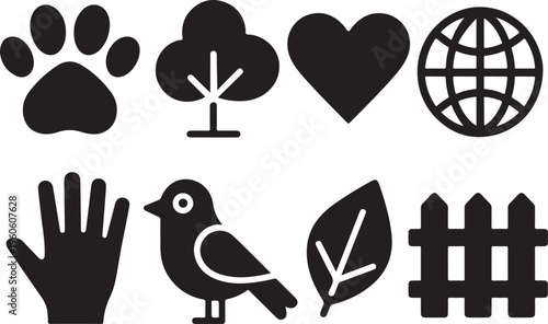Set of simple black icons representing nature, environment, animals, and garden elements