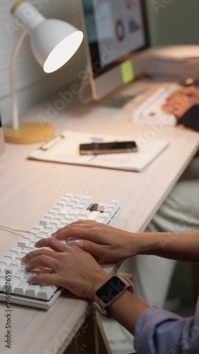 Female employee typing on a computer keyboard in the office at night