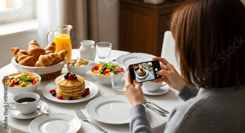Woman Taking Smartphone Photo of Healthy Breakfast Spread