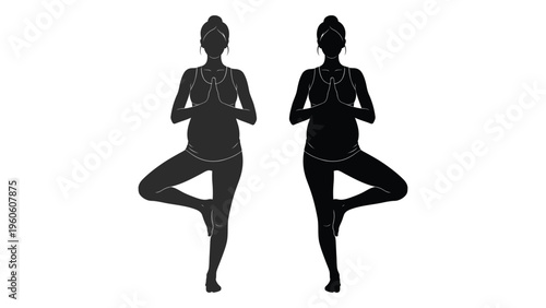 Silhouette of a pregnant woman practicing yoga in a tree pose