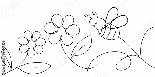 Simple line drawing of a bee visiting flowers with leaves