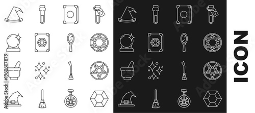 Set line Magic stone, Pentagram in circle, Star of David, Ancient magic book, ball, Witch hat and hand mirror icon. Vector