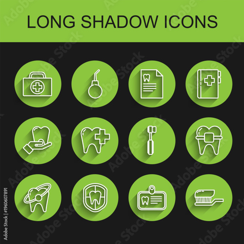 Set line Tooth whitening concept, Dental protection, First aid kit, Id card with tooth, Toothbrush toothpaste, clinic for dental care, Teeth braces and icon. Vector