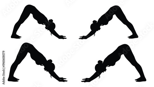 Four silhouettes demonstrate downward facing dog yoga pose variations high quality