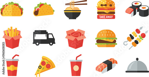 Fast Food and Takeaway Meal Icon Set with Burger, Pizza, Sushi, Fries, Drinks, Food Truck, Noodles, and Street Food Elements