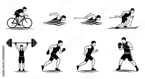 Collection of diverse athletes engaged in various sports activities, presented as icons