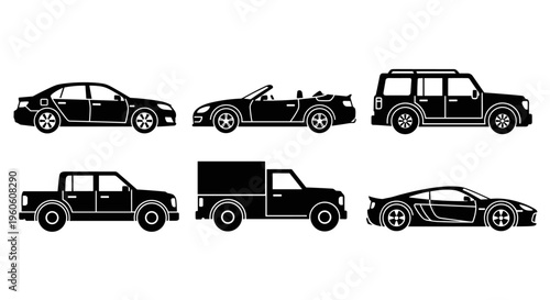 Collection of diverse vehicle silhouettes including sedan, convertible, SUV, pickup, and sports car