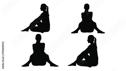 Four silhouettes of women in seated yoga or meditation poses against white