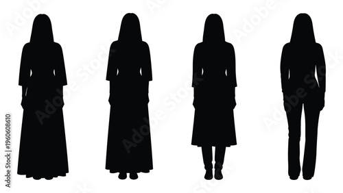 Four silhouetted figures of women wearing headscarves and long dresses