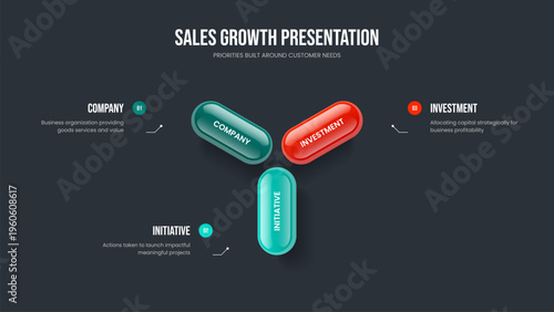 Enterprise Plan Three Step Diagram Presentation Layout. Project Proposal Slide Template Vector Illustration. Marketing Launch 3 Option Infographic Slideshow Design.