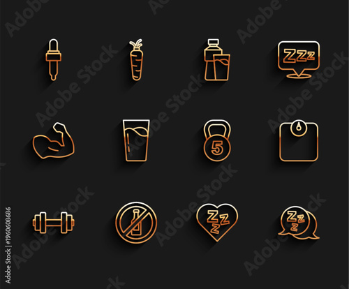 Set line Dumbbell, No alcohol, Pipette with oil, Sleepy, Glass water, Bathroom scales and Weight icon. Vector