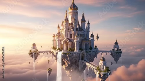 Fantasy castle in the clouds at sunset.