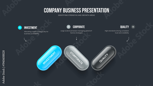 Sales Innovation 3 Element Infographic Presentation Design. Business Performance Three Option Diagram Slideshow Template. Enterprise Plan Slide Layout Vector Illustration.