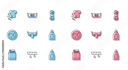 Set line Washer, Squeeze clothes, Drying, Bottle for cleaning agent, Washing modes, and Temperature wash icon. Vector