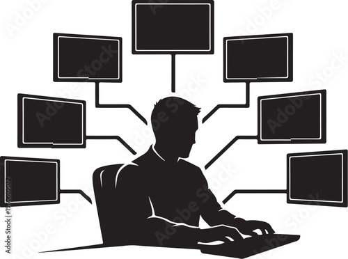 Businessman working on computer, multiple screen setup, office workflow, productivity vector