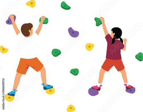 Cartoon children climbing indoor rock wall with colorful holds in vector illustration of fitness and recreation activity