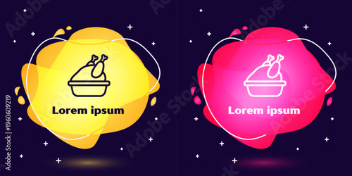 Set line Roasted turkey or chicken icon isolated on blue background. Abstract banner with liquid shapes. Vector