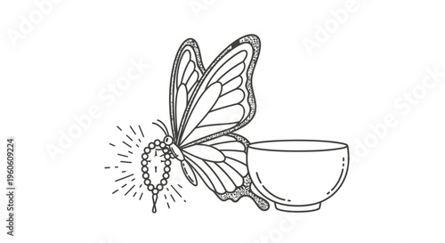 Butterfly with Rosary Beads and Tea Cup Line Art Illustration.