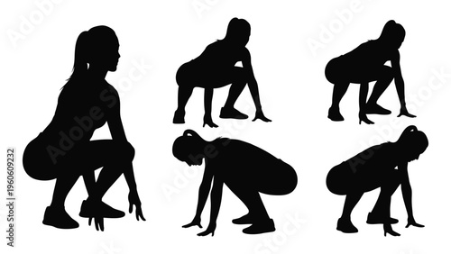 Silhouette depictions of women performing various squat exercises and stretches