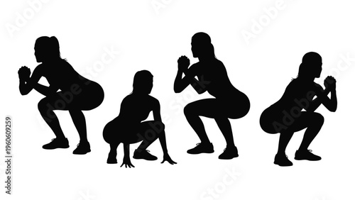 Silhouette illustration depicting three people performing squat exercises in a sequence