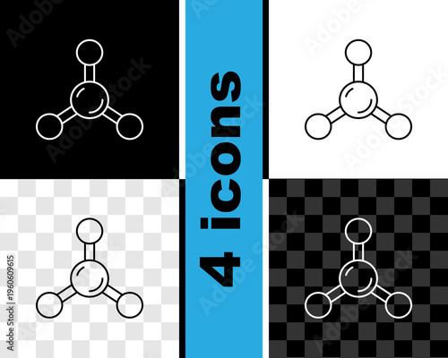 Set line Molecule icon isolated on black and white, transparent background. Structure of molecules in chemistry, science teachers innovative educational poster. Vector