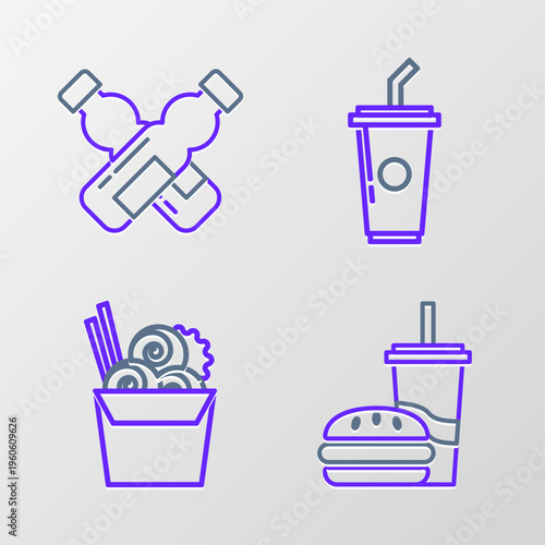 Set line Paper glass with drinking straw and burger, Asian noodles paper box chopsticks, water and Crossed bottle of icon. Vector