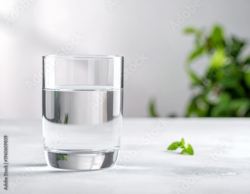 Clear Glass of Water on White Table with Green Leaves in Background.